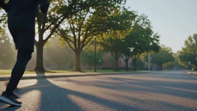 Man Jogging on Sunny Suburban Street at Dawn