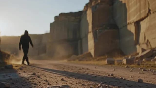 Man Walking Through Dusty Stone Quarry at Sunset