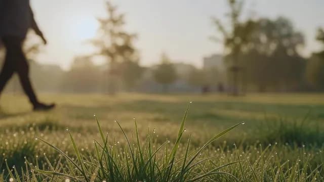 Morning Dew on Park Grass with Person Walking at Sunrise
