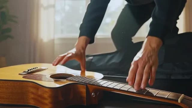 Musician Packing Acoustic Guitar into Case at Home