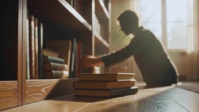 Person Organizing Books on Wooden Shelf in Sunlit Library