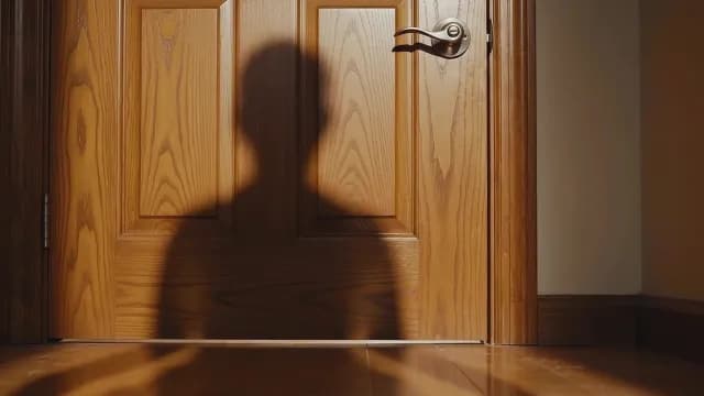 Cinematic Silhouette Shadow on Closed Wooden Door
