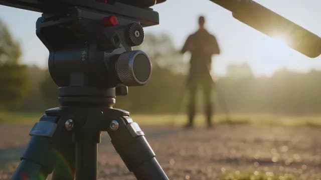 Professional Camera Tripod on Outdoor Film Set at Sunrise