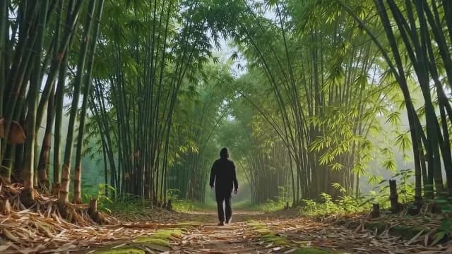Lone Person Walking Through Lush Green Bamboo Forest Trail