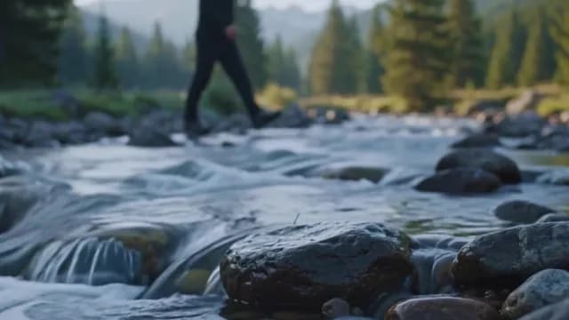 Hiker Crossing Remote Mountain Stream in Pine Forest