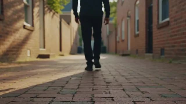 Man Walking Down Historic Brick Alleyway in Afternoon Sun