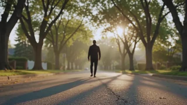 Man Walking Down Suburban Street at Golden Hour