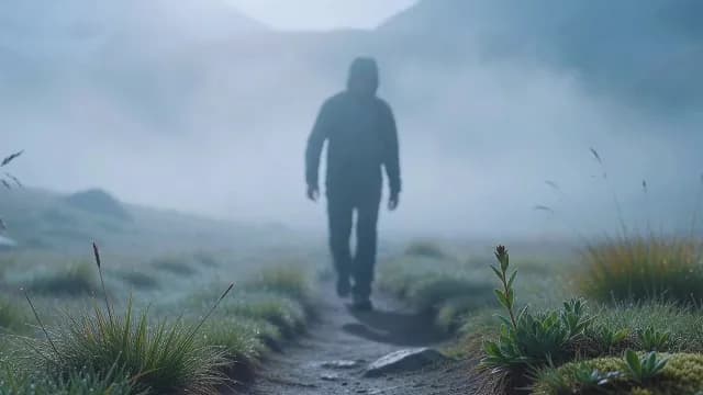 Lone Hiker Walking Through Thick Fog in Mountain Landscape