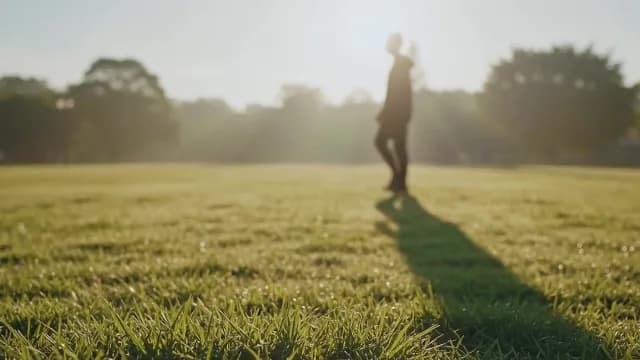 Blurred Silhouette of Person Walking in Sunny Park at Dawn