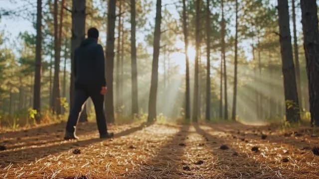 Man Walking Through Sunlit Pine Forest at Sunrise