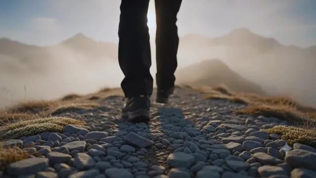 Hiker Walking on Rocky Mountain Ridge at Sunrise