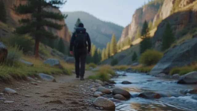 Hiker Walking Beside Mountain Stream in Scenic Canyon