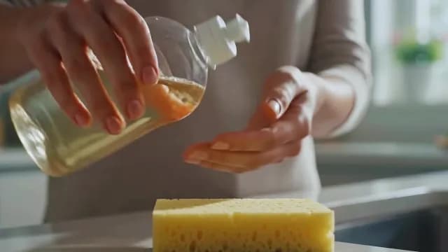 Person Pouring Liquid Dish Soap for Kitchen Cleaning