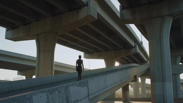 Athletic Woman Walking Up Concrete Ramp Under Urban Highway Overpasses