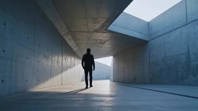 Silhouette of Man Walking Through Minimalist Brutalist Concrete Tunnel