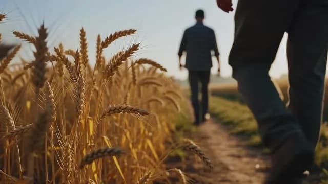 Farmers walking through a golden wheat field at sunset