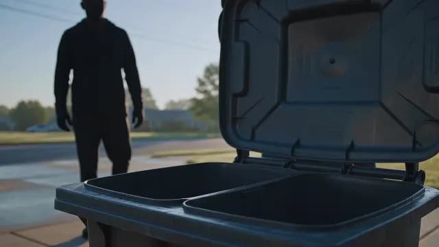 Man Closing an Open Garbage Bin on Suburban Street at Dawn