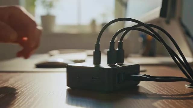 USB-C Hub with Multiple Cables on Sunny Office Desk