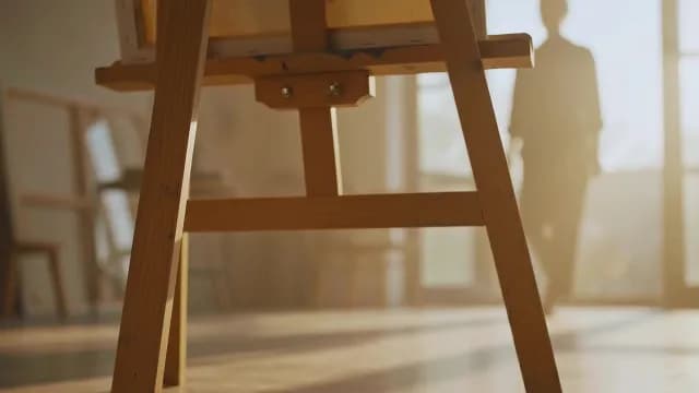 Wooden Easel in Sunlit Art Studio with Blurred Artist Background