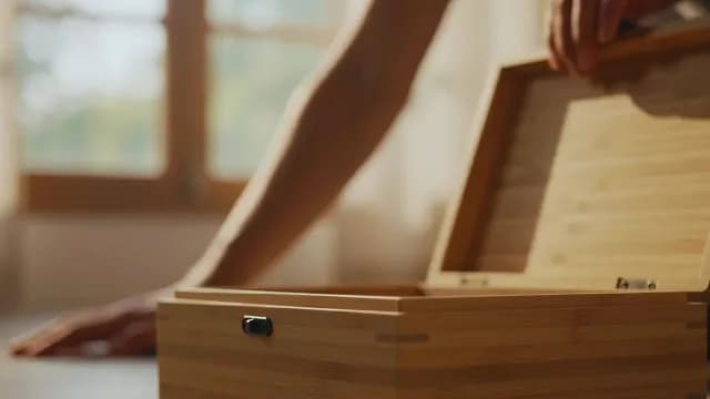 Hand Opening a Minimalist Bamboo Storage Box in Warm Sunlight