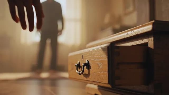 Hand Reaching Toward Open Antique Wooden Drawer in Sunlit Room