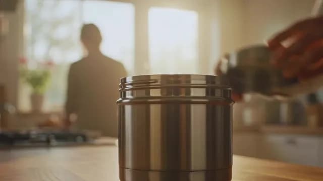 Stainless Steel Thermos Filling in Sunlit Morning Kitchen