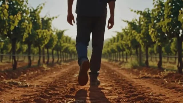 Farmer Walking Through Lush Vineyard at Sunset