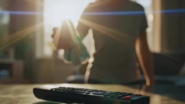 Home Television Remote with Blurred Person Cleaning in Golden Sunset
