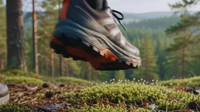 Close Up Trail Runner Shoe Landing on Forest Moss
