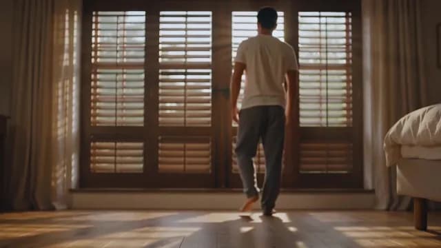 Man Opening Blinds of a Large Bedroom Window with Morning Sunlight