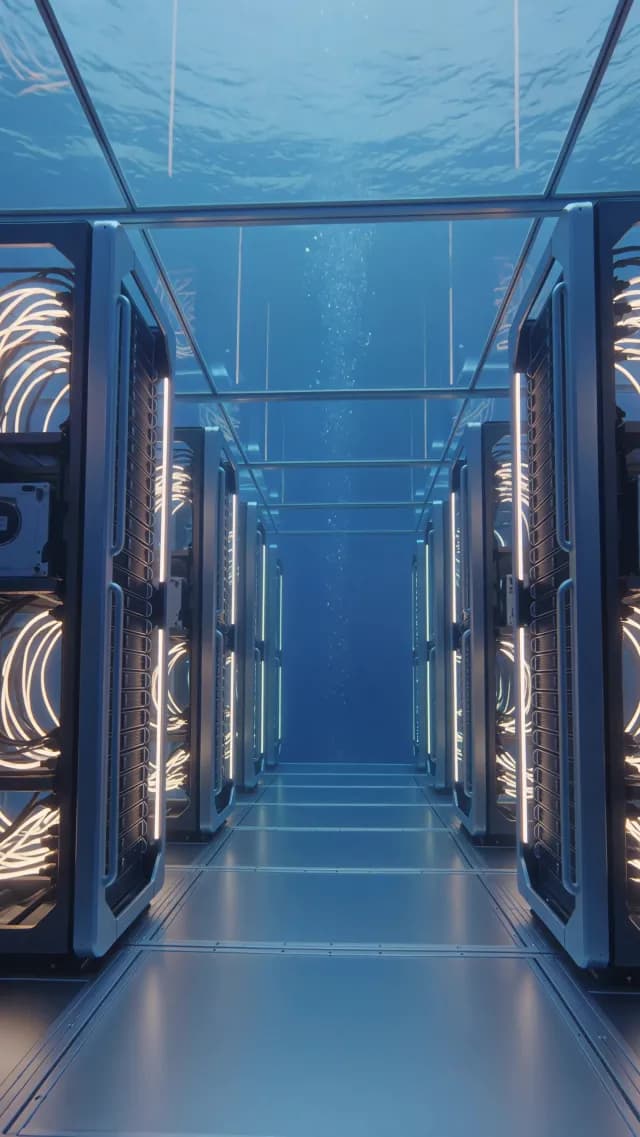 Underwater Server Room with Futuristic Technology Infrastructure