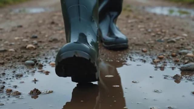 Rubber Boots Walking Through Muddy Puddles on a Rainy Day