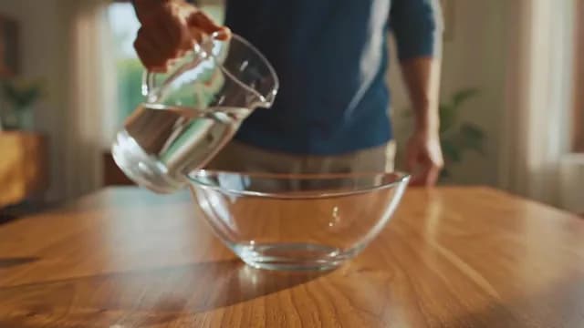 Person Pouring Fresh Water into Glass Bowl on Wooden Table