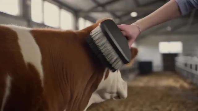 Hand Brushing Brown and White Cow in Dairy Barn