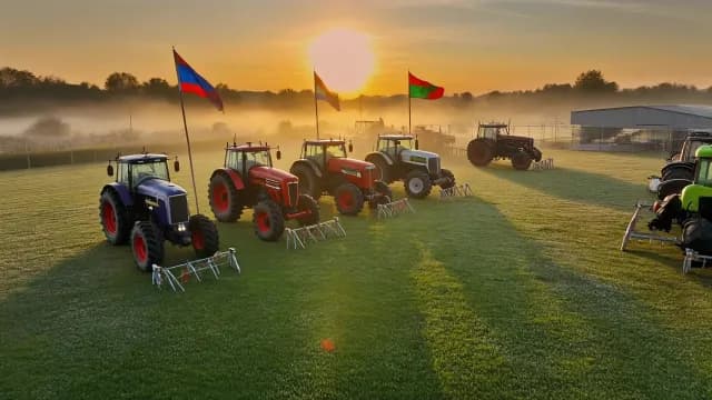 Row of Tractors in Misty Field at Sunrise with Flags
