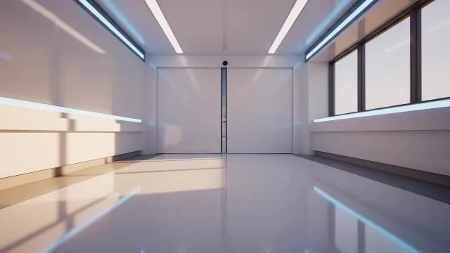Futuristic White Minimalist Laboratory Hallway with Sliding Doors
