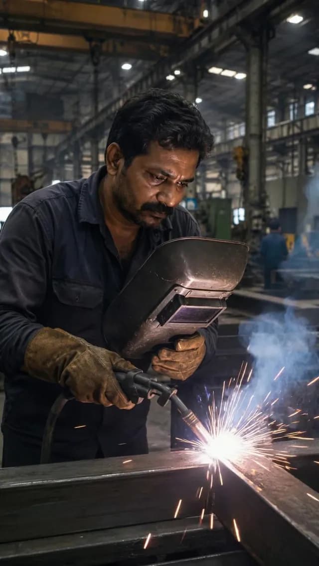 Industrial Welder Working on Metal Fabrication in Large Factory