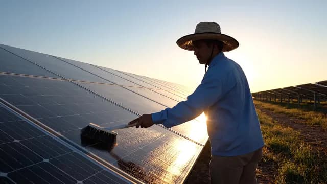 Maintenance Worker Cleaning Solar Panels at Sunset