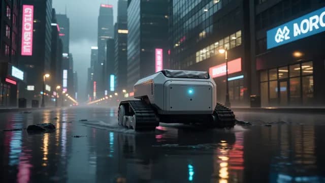 Autonomous Delivery Robot Navigating Rainy Futuristic City Street at Night