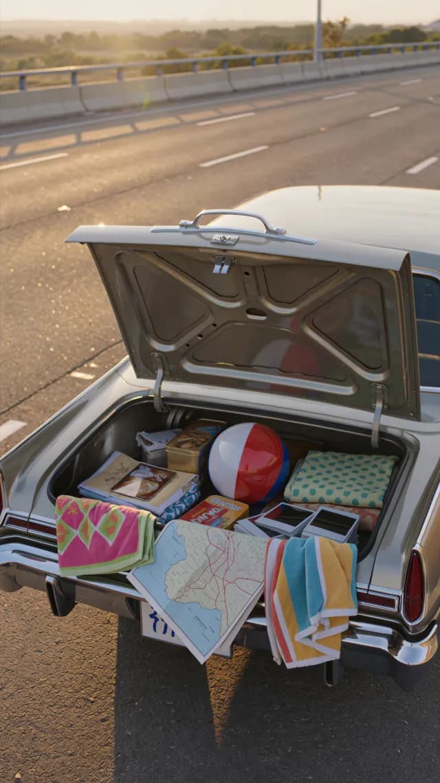 Vintage Car Trunk Packed with Beach Gear for Summer Road Trip