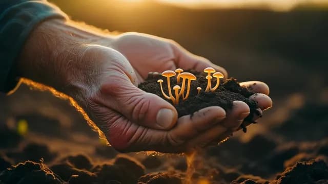 Hands Holding Fertile Soil with Glowing Mushrooms at Sunset