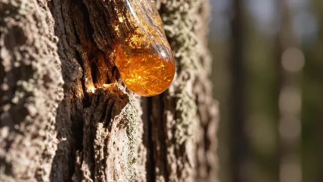 Macro Shot of Golden Tree Resin Glistening in Sunlight