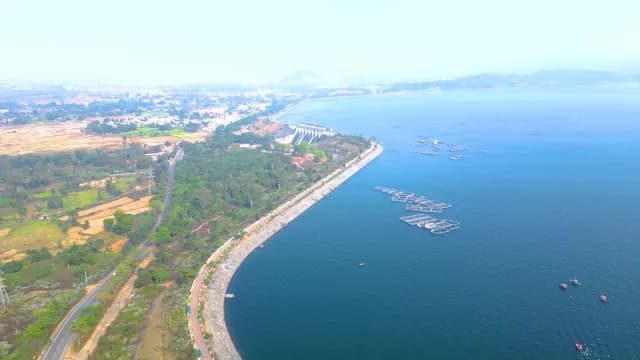 Aerial Drone View of Large Patratu Dam Reservoir and Floating Fish Cages