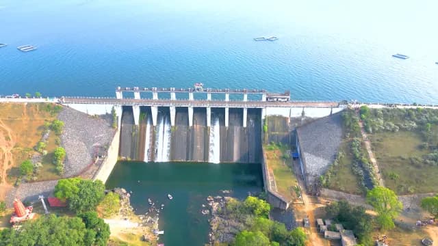 Aerial Perspective of Patratu Hydroelectric Dam with Open Spillway Gates in Ramgarh district of Jharkhand
