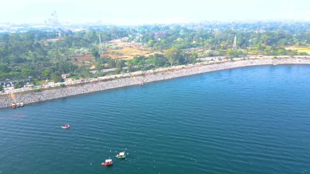 Aerial View of Scenic Dam Reservoir with Boats and Greenery at Patratu Lake, Jharkhand
