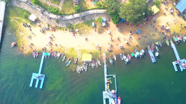 Aerial Top Down View of Patratu Lake Shore and Boats