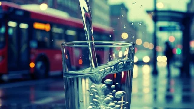 Water Pouring into Glass with Blurred London City Street Background