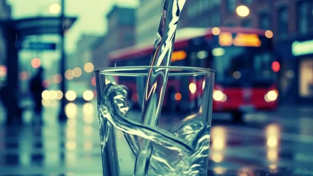 Fresh Water Pouring into Glass on Busy City Street