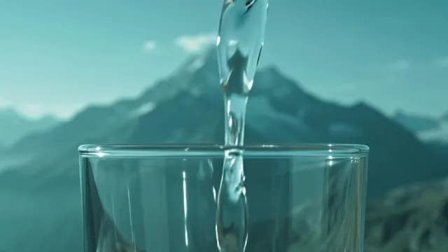 Fresh Spring Water Pouring Into Glass with Alpine Mountain Background