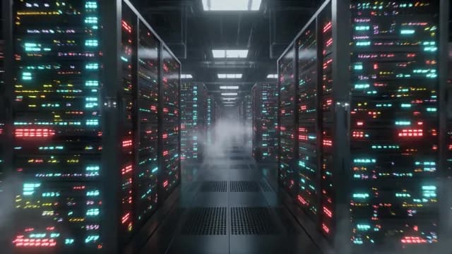 Futuristic Data Center Server Room with Glowing LED Lights and Mist